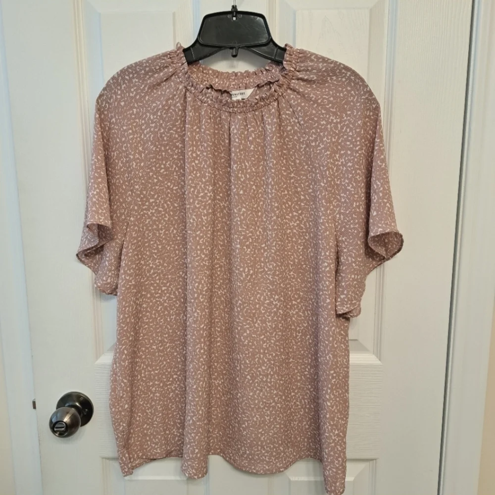 Reitmans Short Sleeve Blouse XL Dusty Pink and White Print Gathered Crew Neck - Picture 15 of 15